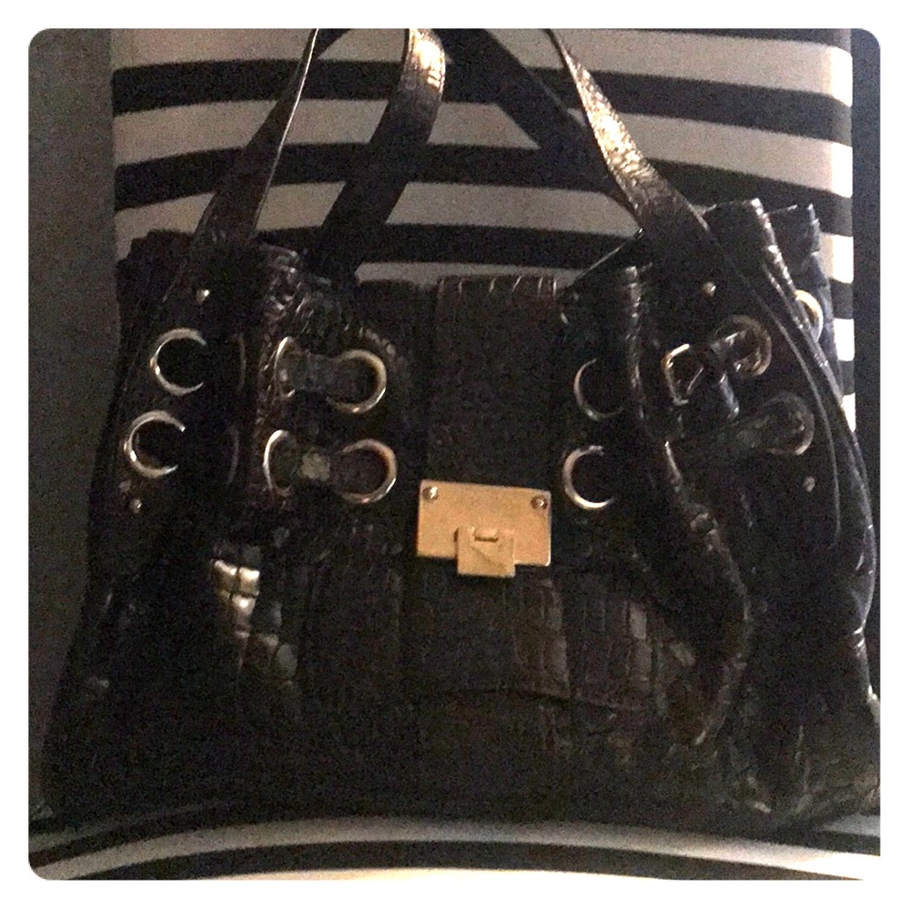 Jimmy Choo Black Croc-Embossed Satchel with Gold Lock